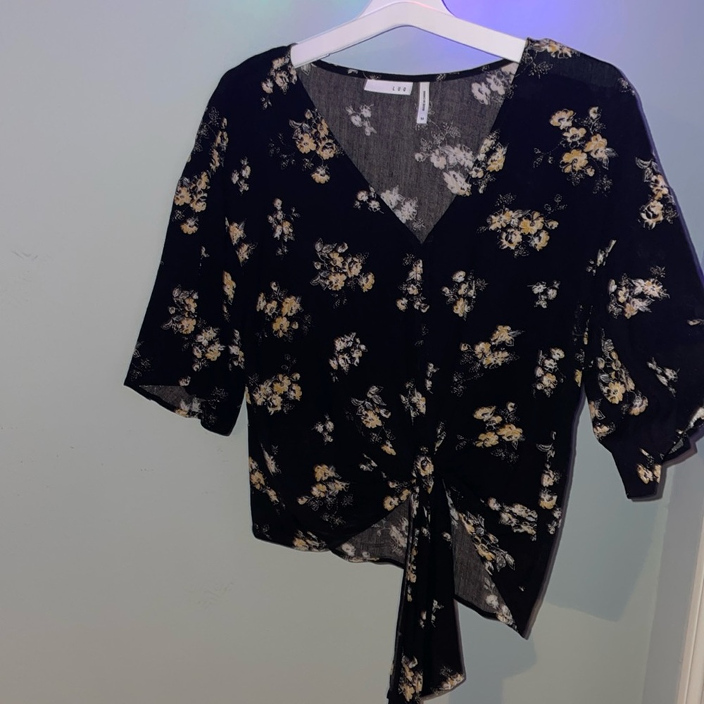 Black & Yellow Floral Blouse: Knotted Front Design